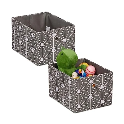 Image of Relaxdays Storage Box, Set of 2, Rectangular Fabric Basket, Container without Lid, HxWxD: 16 x 20 25 cm, Grey/White, Linen