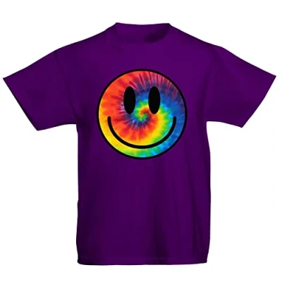 Image of Youth Kids Childrens Tie Dye Happy Smile Face Acid Rave T Shirt Purple 5 6 Years (S)
