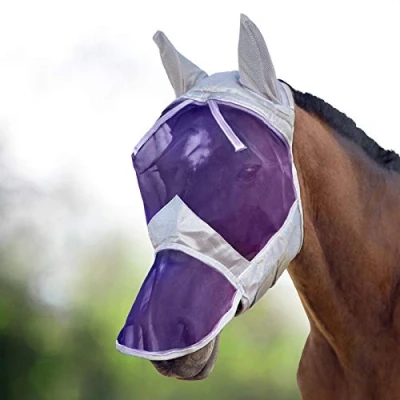 Image of Harrison Howard CareMaster Horse Fly Mask Long Nose with Ears Full Face Silver/Purple Retro Large Size