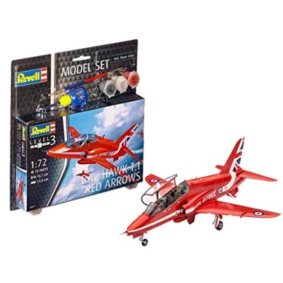 Image of Revell Model Set 64921 BAe Hawk T.1 Red Arrows 1:72 Scale Unbuilt/Unpainted Plastic Kit with Contacta Professional Glue, Paintbrush &amp; Selected Aqua Color Paints