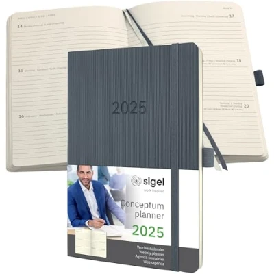 Image of SIGEL C2536 Conceptum Weekly Planner 2025, Approx. A5, Dark Grey, softcover, 2 Pages = 1 Week, 192