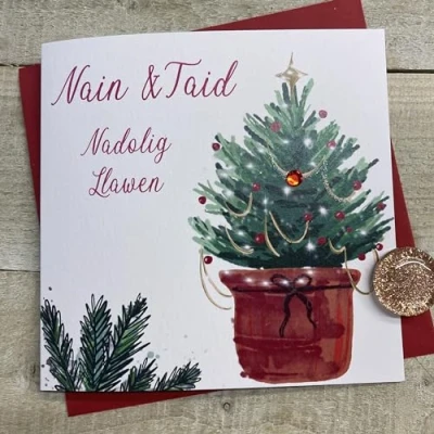 Image of WHITE COTTON CARDS NAIN &amp; TAID CHRISTMAS TREE WELSH CARD, HAND FINISHED (W C23 108)
