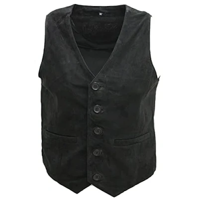 Image of Men&#039;s Smart Real Suede Leather Black Gilet Waistcoat Biker Fashion Vest XS