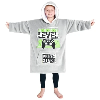 Image of CityComfort Fleece Hoodie Blanket for Kids and Teenagers Football One Size Oversized with Sherpa Lined Hood Gaming Gifts (Grey/Green)