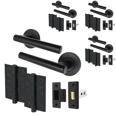 Image of EAI Black Door Handle Latch Set Pack of 4 Round T Bar Internal Handles, (64mm), Hinges (76mm) Matt Lever on Rose Oliena Range