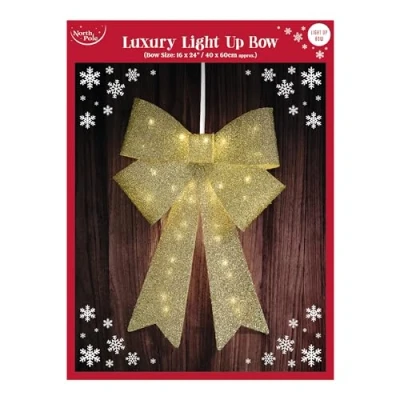 Image of Eurowrap Large Gold Light Up Christmas Bow Decoration Indoor LED Door 60cm x 40cm