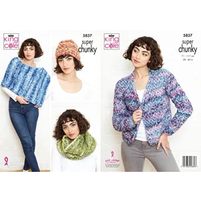 Image of King Cole 5837 Knitting Pattern Womens Jacket Poncho Hat in Big Value Super Chunky Tints