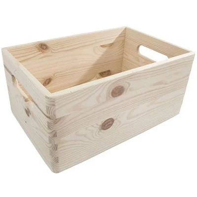 Image of Wooden Open Storage Box with Handles 30 x 20 13 cm Unpainted &amp; Untreated Decorative Pine for Craft Decoupage Non lidded Trunk Crate Keepsake Tool Toy Container Organiser