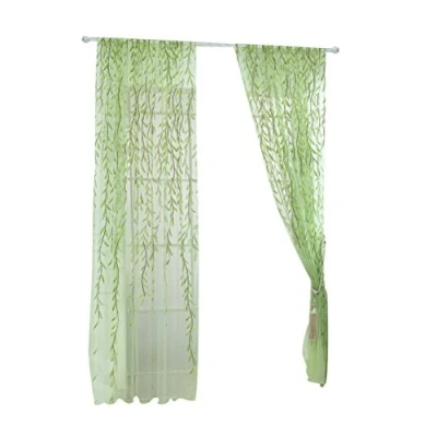Image of WINOMO Transparent Tulle Window Sheer Screen Rod Pocket Voile Curtains with Wicker Pattern for Bedroom Living Room (Green,100x200cm)
