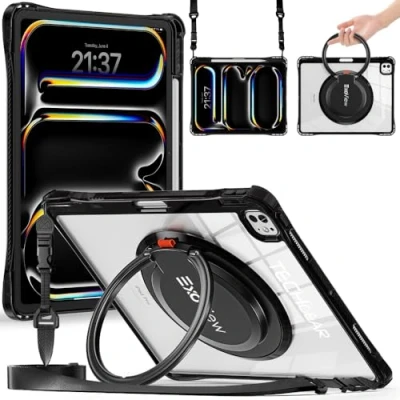 Image of TECHGEAR ExoView Case for Apple iPad Pro 13&quot; 2024 (M4), Tough Rugged Slim Shockproof Clear with Stand, 360 Rotating Ring Grip Hand Holder and Shoulder Strap Black