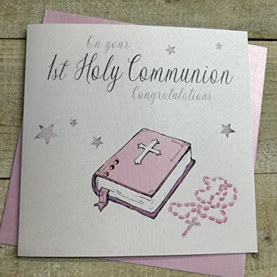 Image of WHITE COTTON CARDS Pink Bible, On Your 1st Congratulations Handmade Girls Holy Communion Card, N88