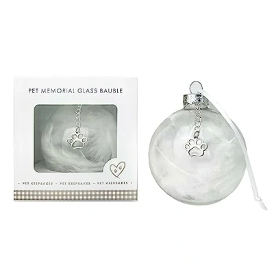 Image of Pet Memorial Feather Filled Glass Bauble with Paw Print Charm Christmas Tree Ornament for Remembering Beloved Pets White Feathers &amp; Metal Remembrance Gift 7 x 7cm