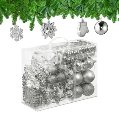 Image of Relaxdays 100x Christmas Ornaments, Baubles, Glittering, Matte &amp; Shiny, Tree Decorations, Plastic, 10 Designs, Silver, 24 x 30 12 cm
