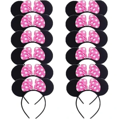 Image of SERENA&#039;S ® 12 PCS Pink Minnie Mouse Cartoon Headband Polka Dot Bow Birthday Halloween, Party Accessories, Ears for Adults/Children Fancy Dress Costume Head Band Accessory
