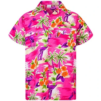 Image of King Kameha Mens Flamingos Short Sleeve Hawaiian Shirt Novelty Summer Vibes, Flamingos, Pink, XL