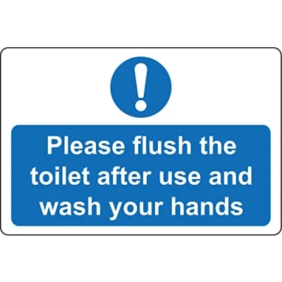 Image of Please flush the toilet after use and wash your hands Safety sign Self adhesive sticker (200mm x 150mm)