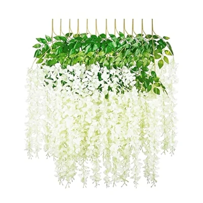 Image of SZJH 12pcs 3.6 Feet/Piece Artificial Fake Wisteria Vine Ratta Hanging Garland Silk Flowers String Home Party Wedding Decor (White)