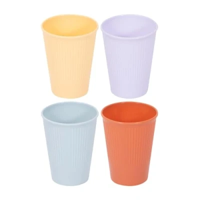 Image of Pack of 12 Ribbed Drinks Tumblers Plastic Cups Summer Party Outdoor Picnic BBQ Yellow Lilac Terracotta Blue Strong Durable Drinking Glasses