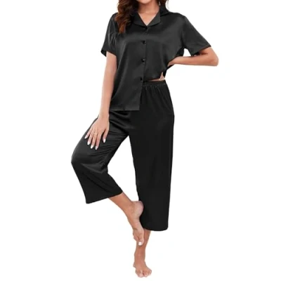 Image of Reliwel Women&#039;s Pyjama Sets Silk Pyjamas for Women Short Sleeve Top Cropped Pant two Pieces Button Down Pjs Ladies Bridesmaid Comfy Sleepwear Loungewear Nightwear S Xxl Navy Blue