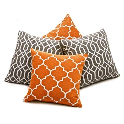 Image of Red Rainbow Collection of 4 Orange Grey &amp; White Geometric Design Chenille 18 inch Cushion Covers