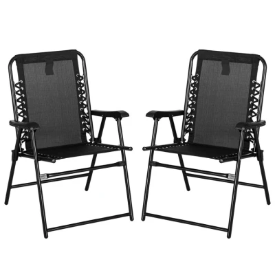 Image of Outsunny Set of 2 Patio Folding Chair Set, Garden Portable Outdoor Chairs with Armrest and Breathable Mesh Fabric Seat Backrest, for Camping, Beach, Deck, Lawn, Black