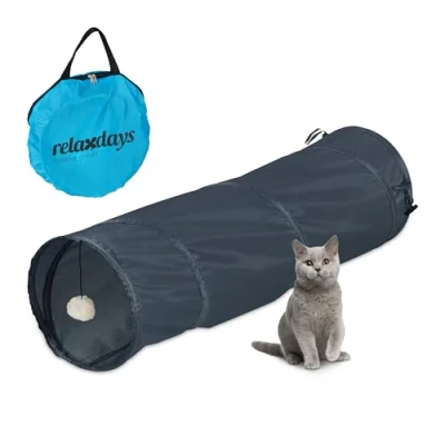 Image of Relaxdays Foldable Cat Tunnel, Pet Toy with Ball, Interactive Play, Pop up Function, WxD: approx. 88 x 25 cm, Grey, Polyester, cm
