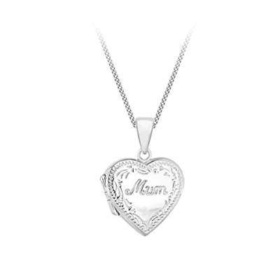Image of Tuscany Silver Women&#039;s Sterling Heart Engraved Edge&quot;Mum&quot; Locket Pendant on Curb Chain of 46cm/18&quot;