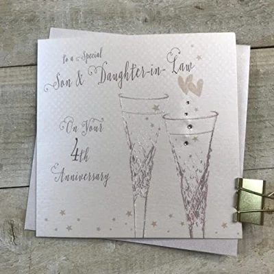 Image of WHITE COTTON CARDS Son &amp; Daughter in Law 4th Flowers Wedding Anniversary Flutes
