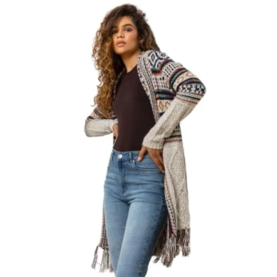 Image of Roman Originals Women Cardigan Ladies Longline Coatigan Tassel Open Front Cardi Winter Autumn Casual Textured Edge to Yarn Patterned Comfy Work Going Out Natural Size 14