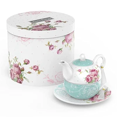 Image of London Boutique Tea for One Teapot Teacup Saucer Set Afternoon 1 New Bone China Vintage Flora Gift Women 350m (Turquoise)