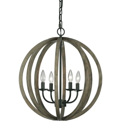 Image of Allier 4 Light Spherical Cage Ceiling Pendant Dark Wood, Antique iron, E14