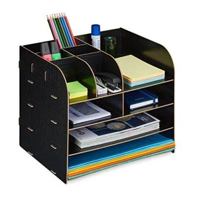 Image of Relaxdays Desk Organiser, Office Supplies and Documents, Different Size Compartments, DIY, MDF, 27.5x32.5x25 cm, Black, 100% fibreboard