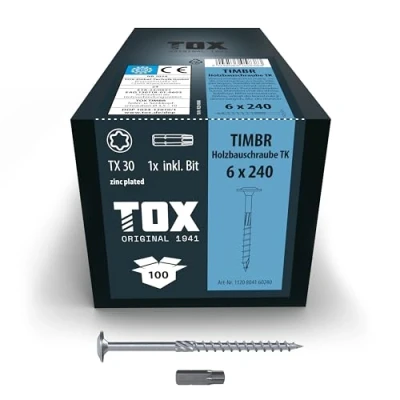 Image of TOX Timbr TK 1120804160240 Wood Screws 6.0 x 240 mm, Blue Galvanised with Flat Head, TX30, for Easy Screwing and High Load Capacity in Construction, Pack of 100, Includes 1x Bit