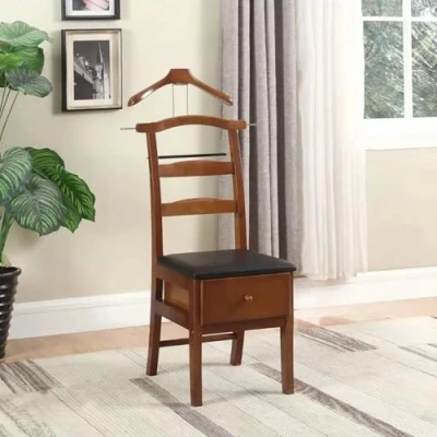 Image of All Solid Wood Puesto de Valet, Floor Standing Clothes Valet,Freestanding Valet Stand, Chair w Drawer,Hanger, Trouser Tie Belt Bar for Bathroom Office Bedroom