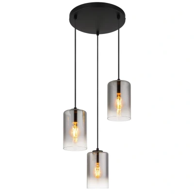 Image of Roy Cluster Pendant Ceiling Light Matt Black Smoke Glass Shade 3x E27