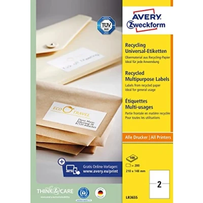Image of Avery Zweckform Universal Labels LR3655 (a4,200 Recycled 210 x 148 mm 100 Sheets White