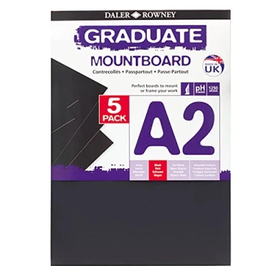 Image of Daler Rowney Graduate 1.25mm Thick A2 Cream Core Mountboard with a Smooth Black Surface Pack, 5 Boards, Ideal for Students and Displays