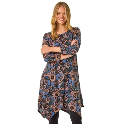 Image of Roman Originals Hanky Hem Swing Dress with Pockets for Women UK Ladies Asymmetric Hemline Stretch Jersey 3/4 Sleeve Winter Smart Casual Work Office Knee Length Tunics Navy Multi Size 10