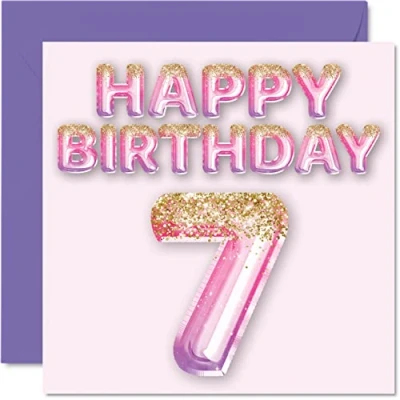 Image of 7th Birthday Card for Girls Pink &amp; Purple Glitter Balloons Happy Cards 7 Year Old Girl Daughter Sister Granddaughter Cousin, 145mm x Seven Seventh Bday Greeting Gift