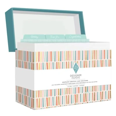 Image of Designer Papers All Occasion Greeting Card Boxed Assortment (24 Cards with Envelopes) Multicolor Striped Organizer Box Birthday, Thank You, Get Well, Sympathy, Wedding, New Baby and Congratulations