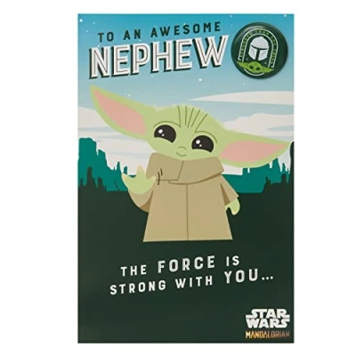 Image of UK Greetings Disney The Mandalorian Birthday Card For Nephew With Envelope Children&#039;s Design Grogu Baby Yoda and Badge,Multi,149 mm x 229