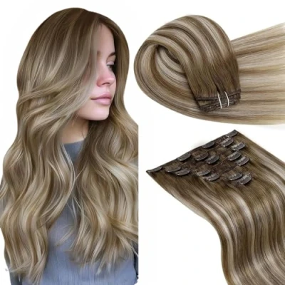 Image of LaaVoo Clip in Hair Extensions Real Human 20 Inch 7pcs 120g Balayage Light Brown With White Blonde to Seamless Remy #8/60/8