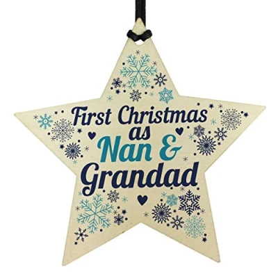 Image of RED OCEAN First Christmas As Nan Grandad Wooden Star Tree Bauble Decoration New Baby Grandparent Gifts