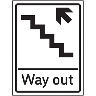 Image of VSafety Way Out Arrow Up Stairs Left Sign 150x200mm Self Adhesive Vinyl