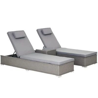 Image of Outsunny 3PC Rattan Sun Lounger, Garden Furniture with Side Table, 5 Position Adjustable Recline Chair, Grey