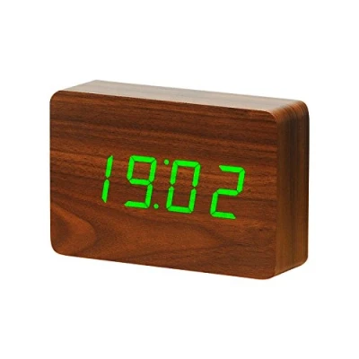 Image of Gingko Brick LED Click Clock Rechargeable Alarm With Sound Activation (Time, Date &amp; Temperature), Walnut/Green