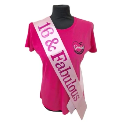 Image of 16 Birthay Sash Baby Pink and Fabulous Beautiful Quality Ribbon Holographic Font
