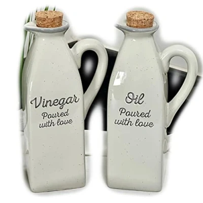 Image of Ceramic Oil and Vinegar Bottle Set Speckled Grey Table Kitchenware Cork Stopper