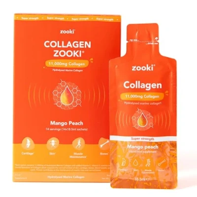Image of Zooki 11,000mg Super Strength Marine Collagen Liquid Sachets Hydrolysed Peptides Ultimate Skin, Hair, Nails, Joints, Bones &amp; Muscles Support (Mango Peach Flavour, 14 Servings)