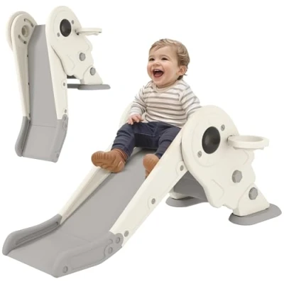 Image of AIYAPLAY Kids Slide with Basketball Hoop, 3 in1 Toddler Climber for Indoor, Foldable Freestanding Toddlers Age 2 5, Cream White